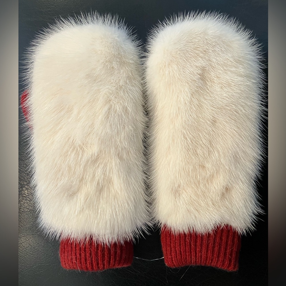 Real Mink Fur Mittens with Red Knit Cuffs